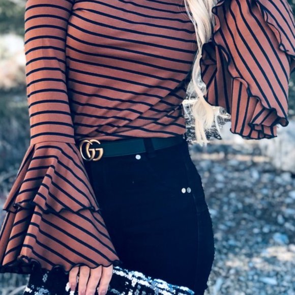 BELL SLEEVE BROWN AND BLUE STRIPPED TOP. - Picture 3 of 3